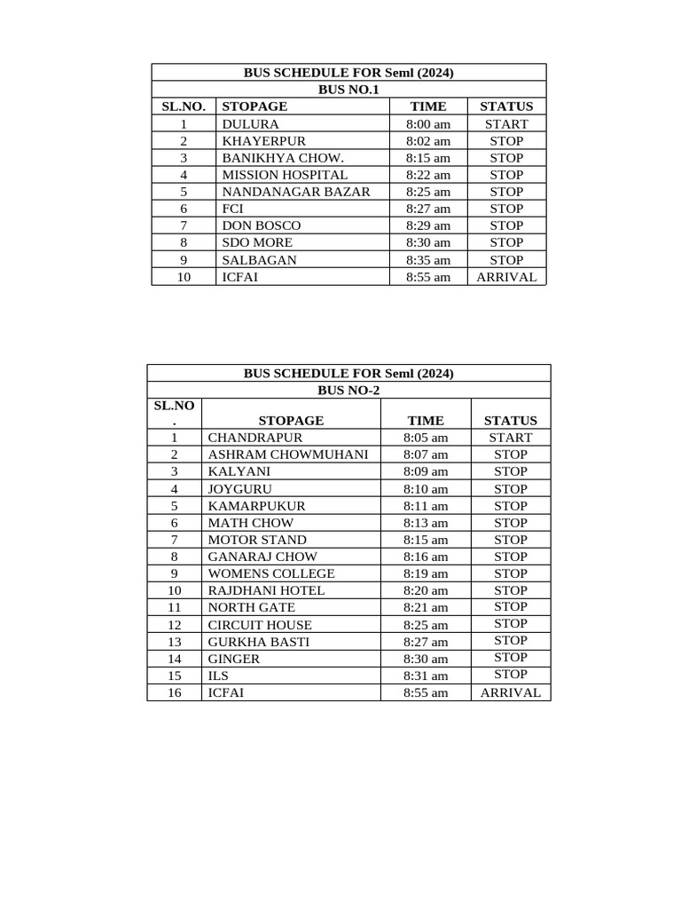 BUS SCHEDULE FOR Sem 1 (29.07.2024) - 1 | PDF