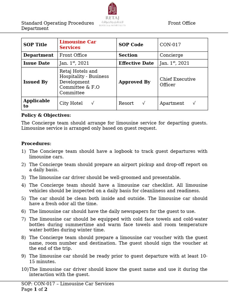 Limousine Service SOP for Concierge | PDF | Limousine | Car