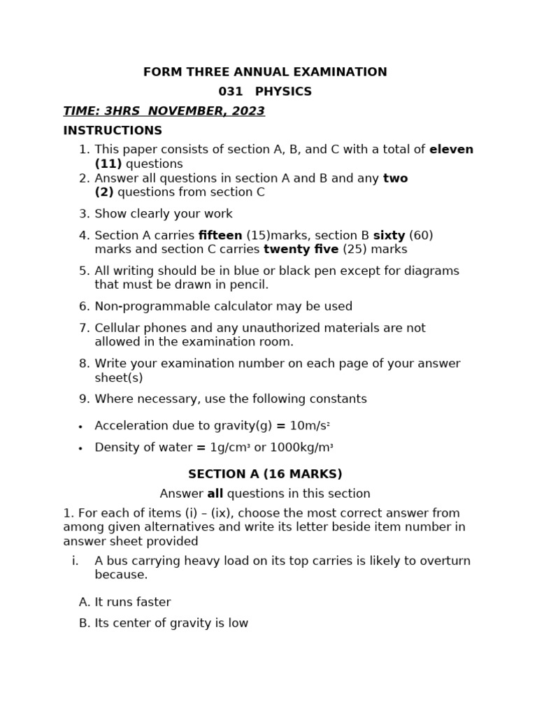 Physics form three annual examination 2023 pdf