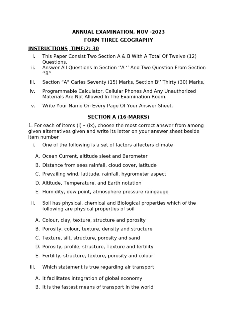 Geography Form Three Annual Examination 2023 | PDF