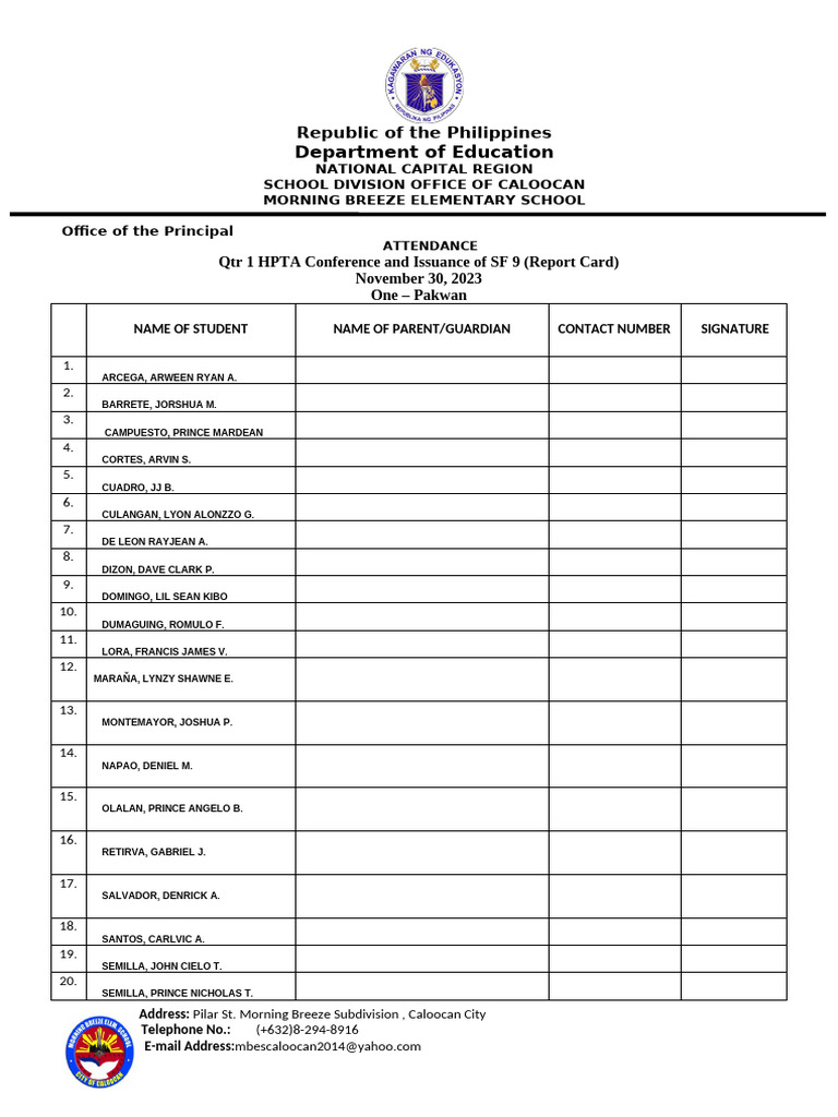 Attendance Qtr 1 Hpta Conference And Issuance Of Sf 9 Report Card Pdf