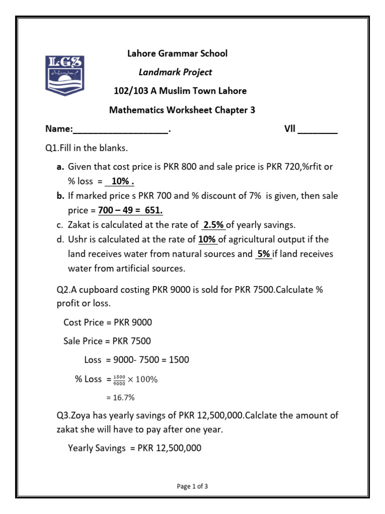 Maths Solved Worksheet Chapter 3 | PDF