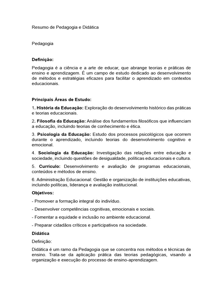 Resumo de Pedagogia e Didática | PDF
