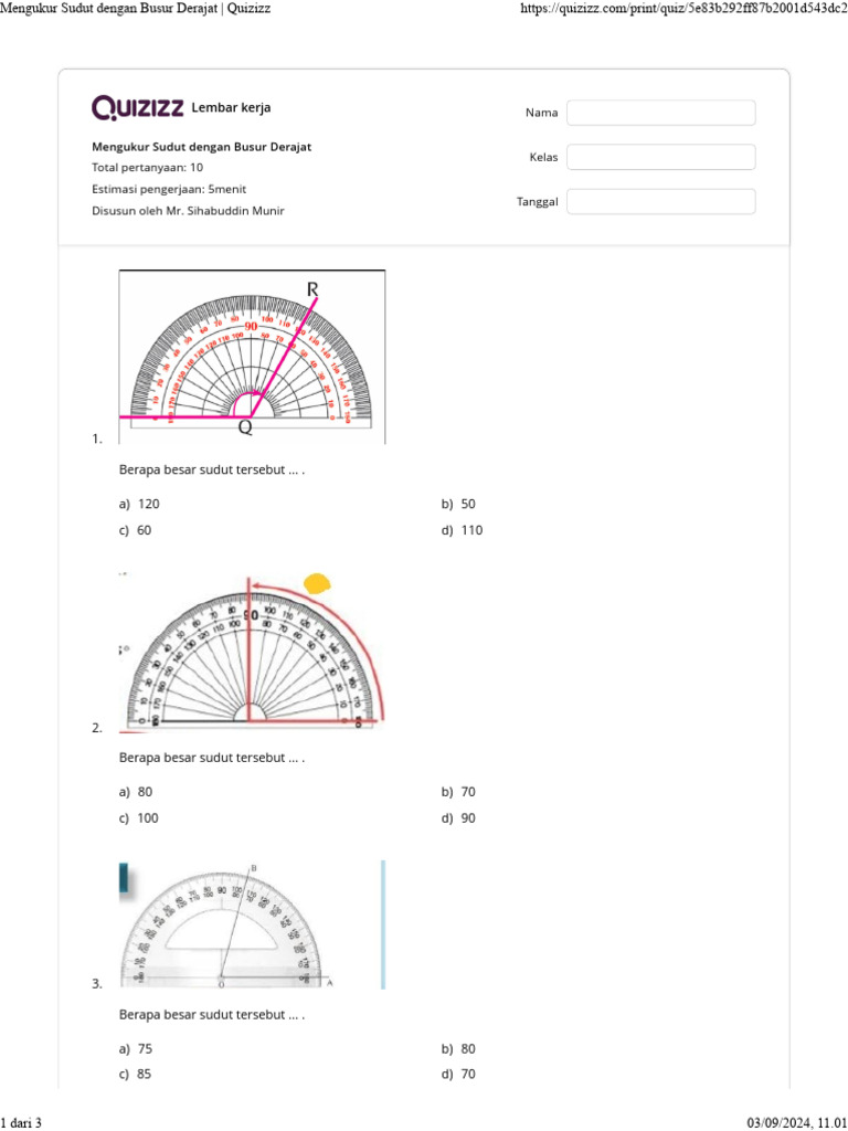 Mengukur Sudut Dengan Busur Derajat - Quizizz | PDF