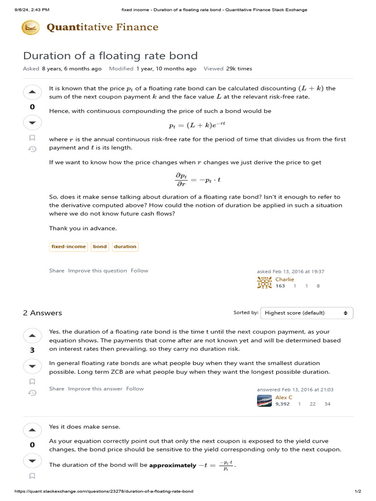 Fixed Income - Duration of A Floating Rate Bond | PDF