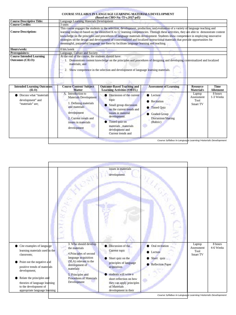 Language Learning Materials Development Syllabus | PDF | Educational ...