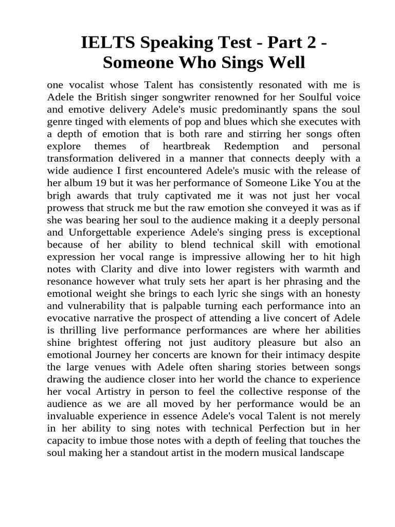 Ielts speaking test part 2 someone who sings well pdf