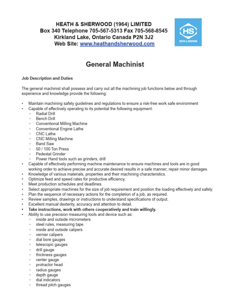 HS - Machinist Job Description - March2024 | PDF
