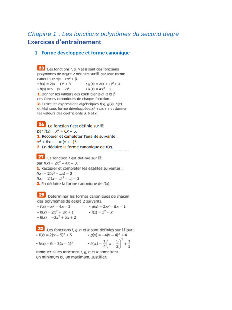 Corrigé des exercices de polynômes 2nd degré | PDF