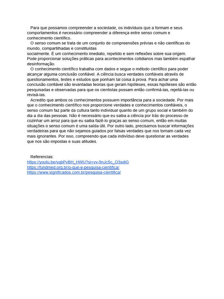 Senso Comum e Conhecimento Científico | PDF