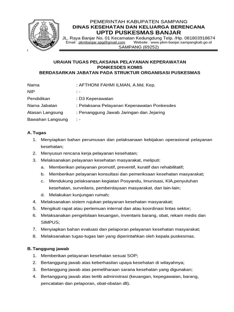 Uraian Tugas Perawat Ponkesdes Komis PDF