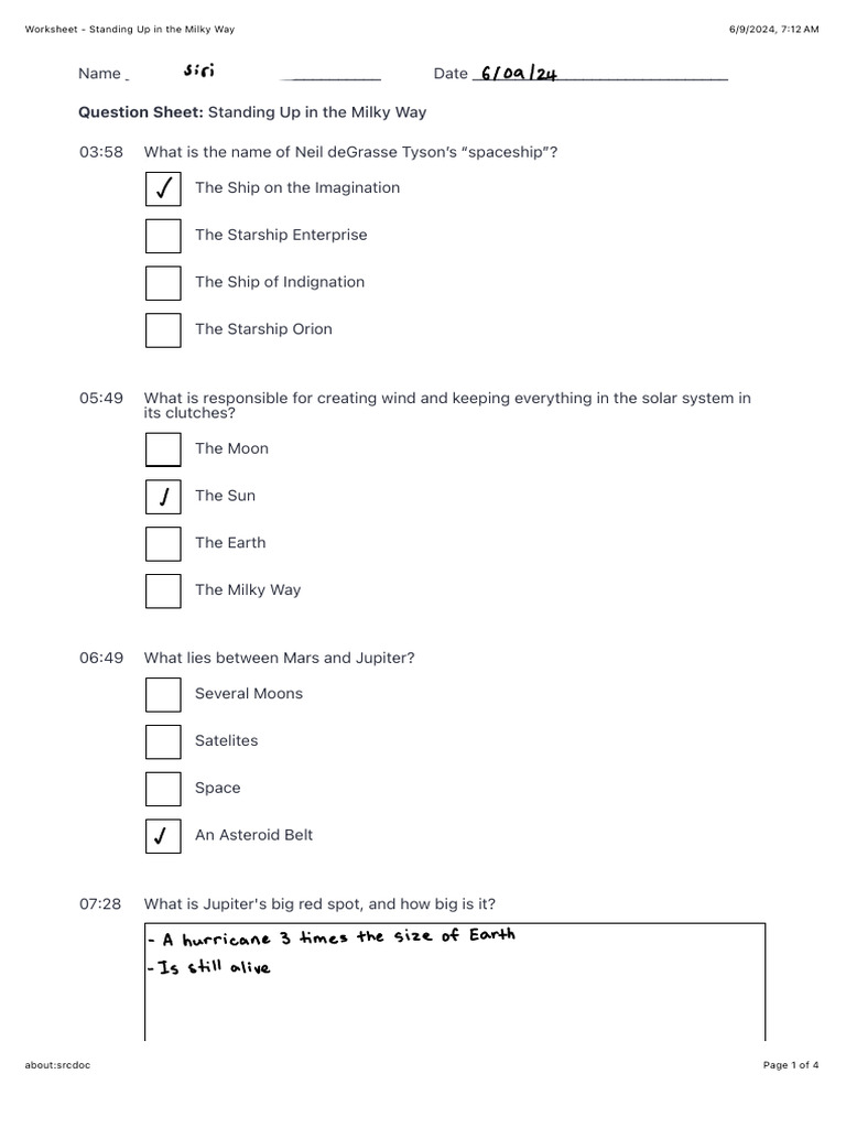 Worksheet Standing Up in the Milky Way PDF Worksheet Standing Up in the Milky Way PDF
