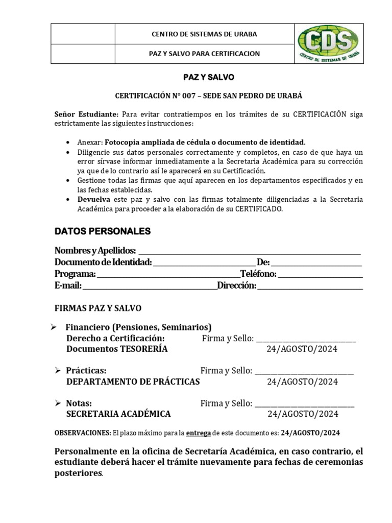 Formato Paz y Salvo para Certificacion 007 - 2024 - 1 | PDF