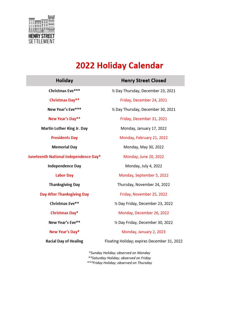 2022 Holiday Calendar PDF