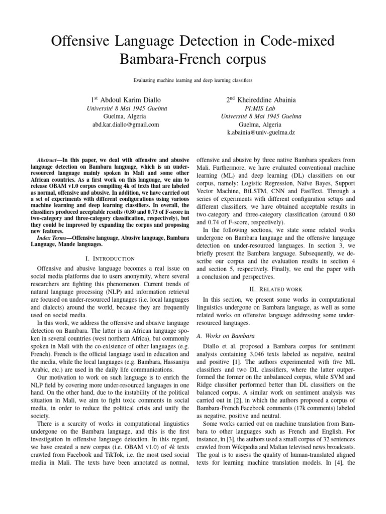 Offensive Language Detection in Code-Mixed Bambara-French | PDF
