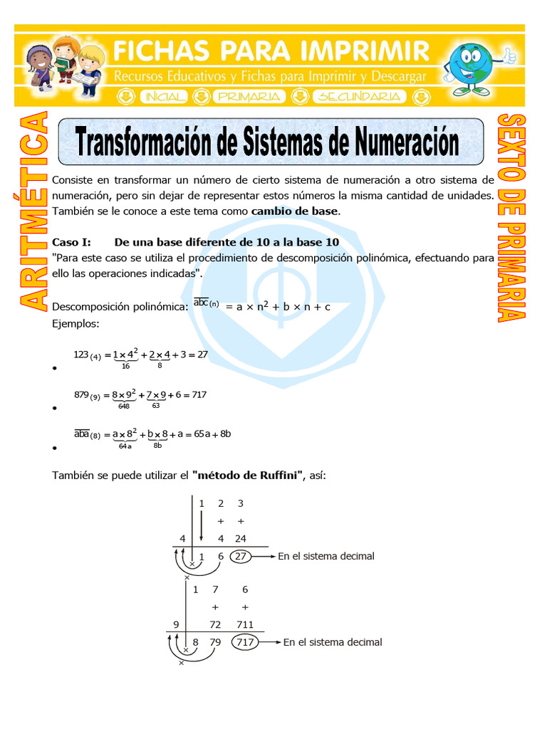 Transformación de Sistemas de Numeración para Sexto de Primaria | PDF