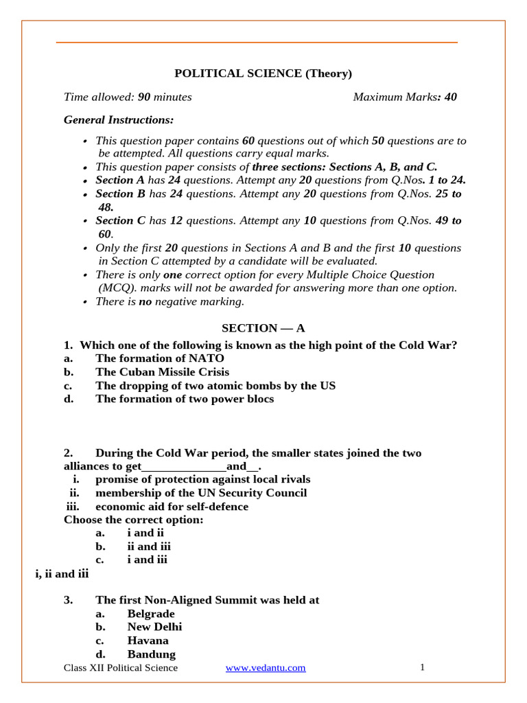 Class 12 Political Science MCQ Exam | PDF | Partition Of India ...