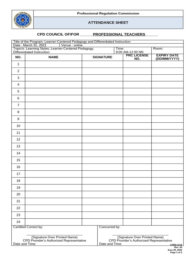 Attendance Sheet for CPD Program | PDF
