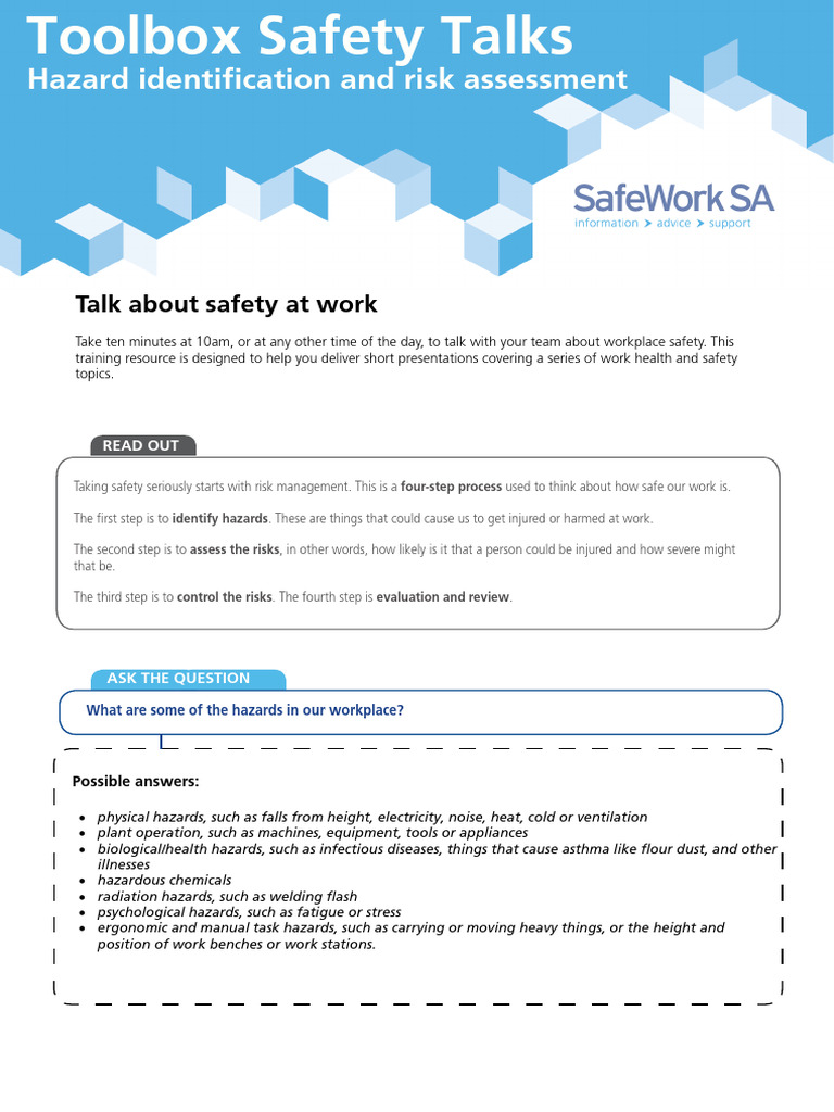 Toolbox Safety Talks Hazard Identification and Risk Assessment | PDF