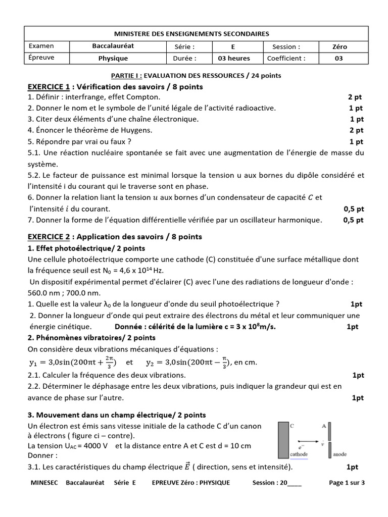 Épreuve Zéro Physique Bac Série E 2025 | PDF | Effet photoélectrique ...