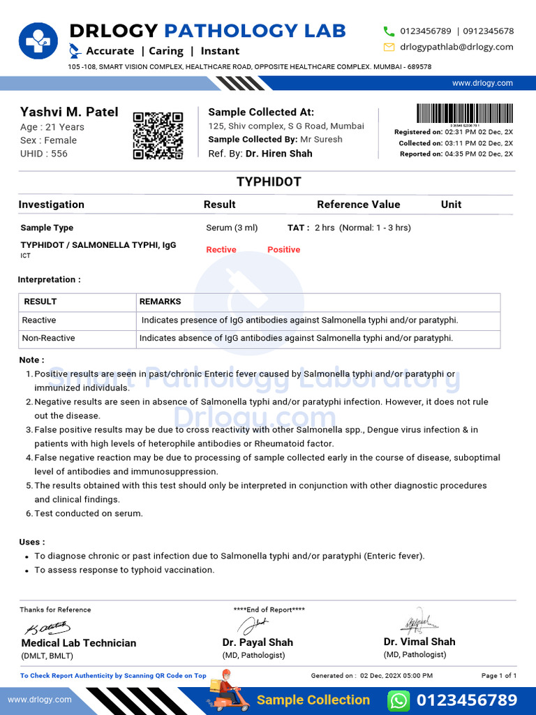 Typhidot Test Positive Test Normal Report Format Example Sample ...