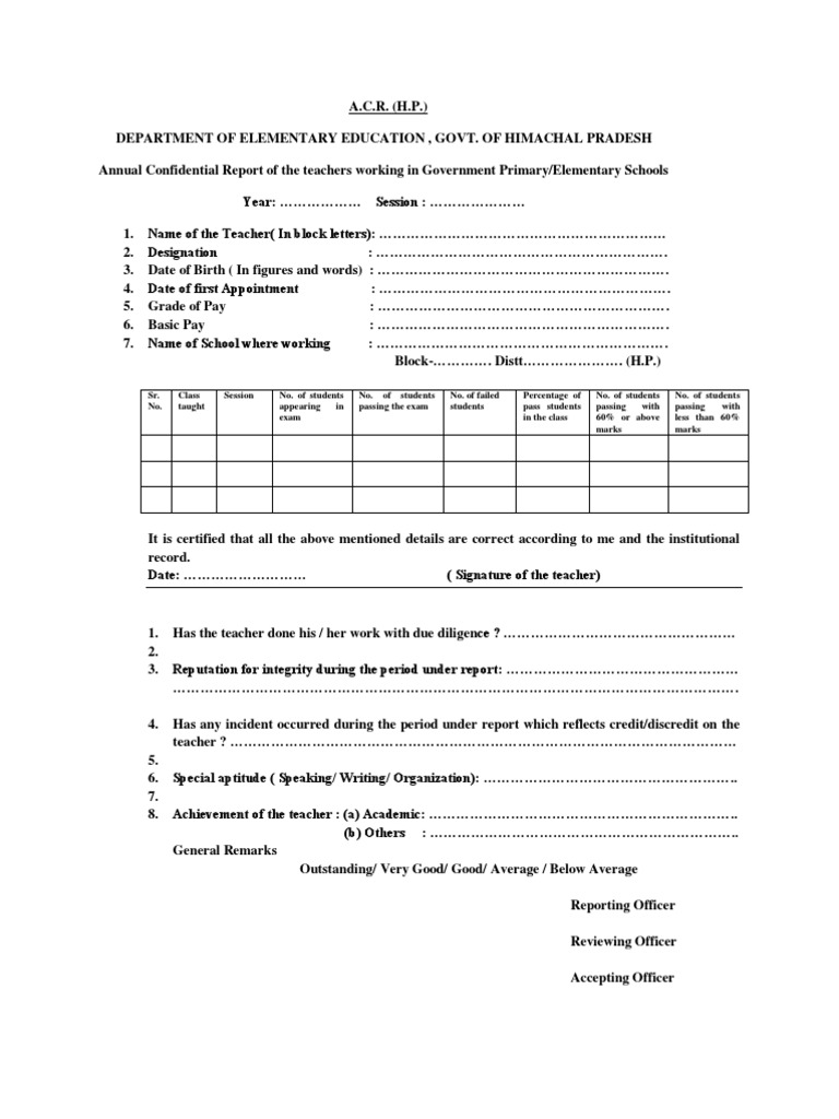 ACR Form for Himachal Teachers | PDF | Sports & Recreation