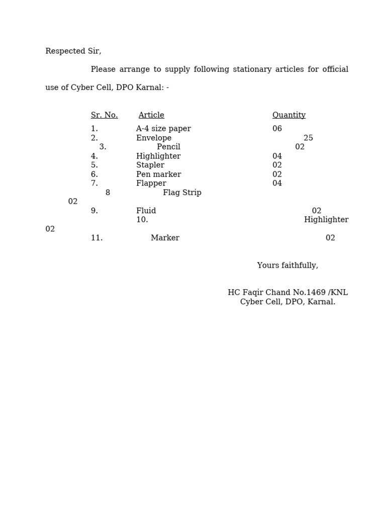 Stationery Supply Request for Cyber Cell | PDF