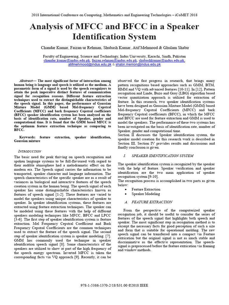 Analysis of MFCC and BFCC in A Speaker Identification System | PDF