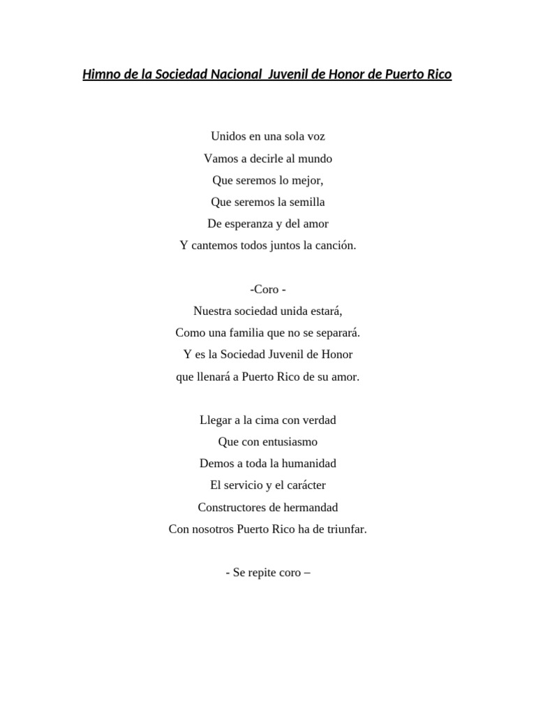 Himno de La Sociedad Nacional Juvenil de Honor de Puerto Rico | PDF