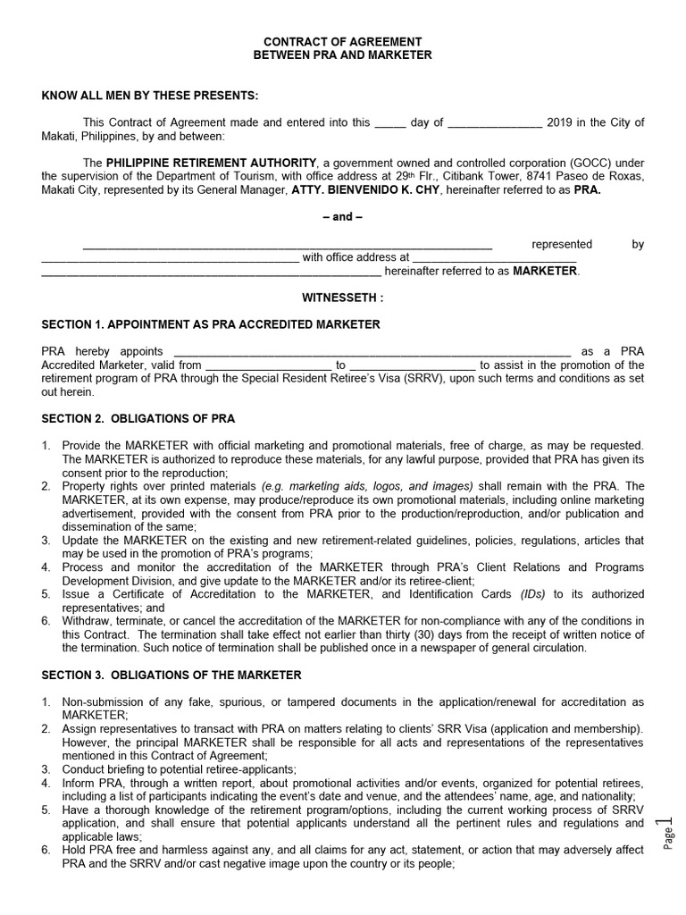 Contract of Agreement Between PRA and Marketer | PDF