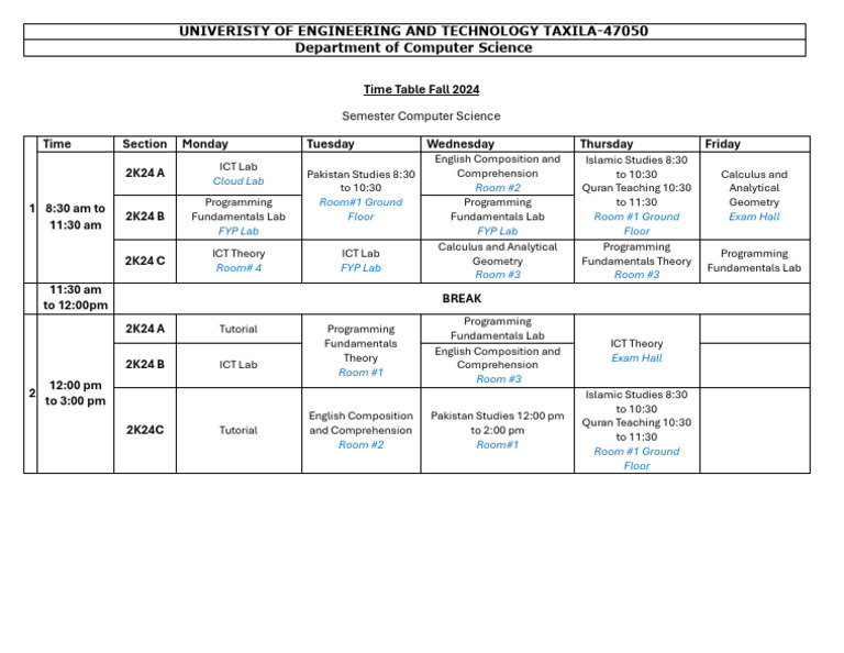 UET Taxila CS Time Table Fall | PDF