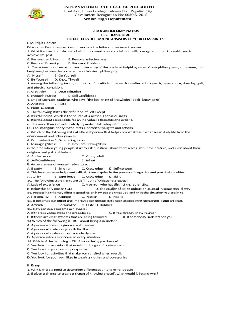 3RD QUARTER EXAMINATION Perdev | PDF | Knowledge | Self-Improvement