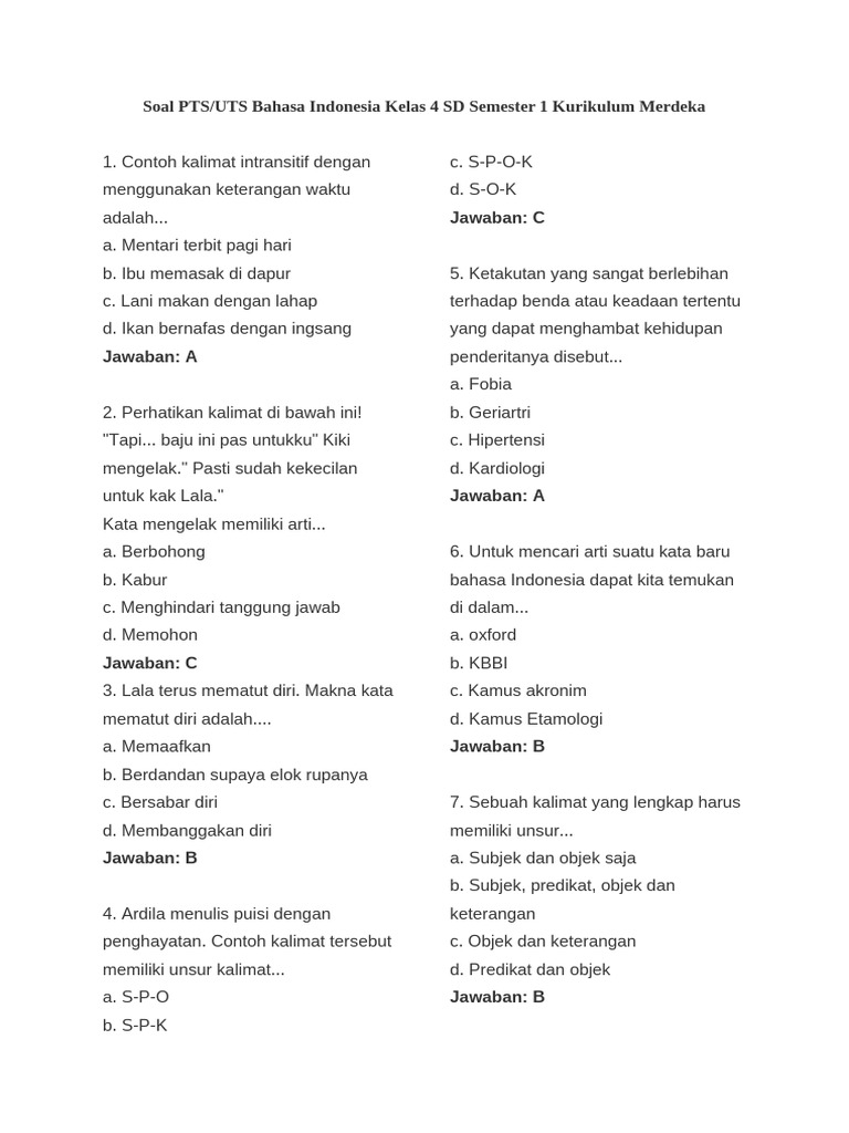 Kisi-kisi soal PTS bahasa Indonesia kelas 4 SD semester 2 Kurikulum Merdeka dan kunci jawabannya