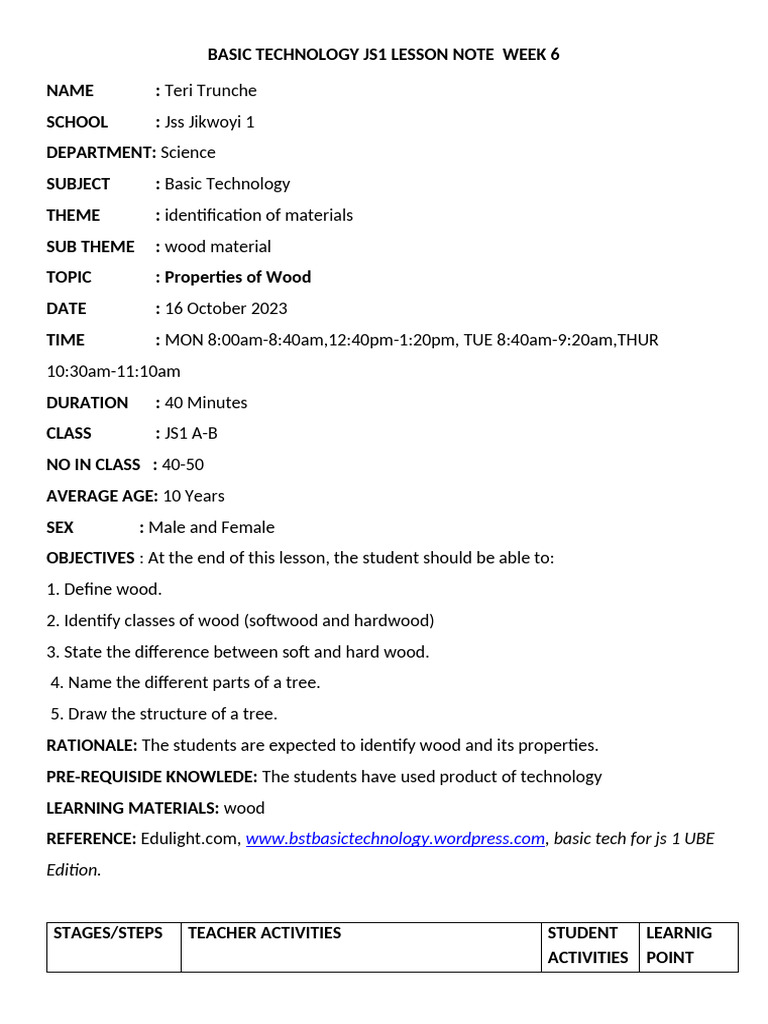 9641 - BST JS1 Lesson Note Week 6 | PDF