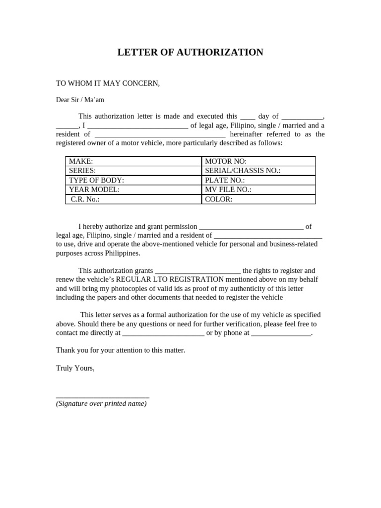 Authorization Letter Vehicle | PDF