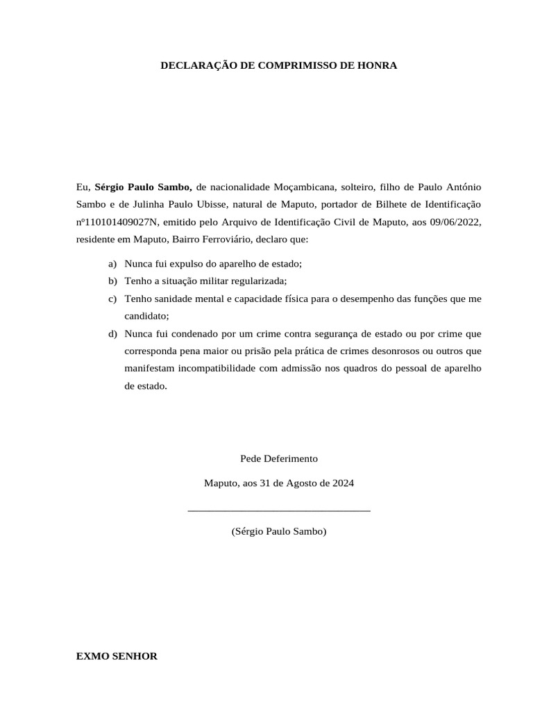 Declaração de Comprimisso de Honra | PDF