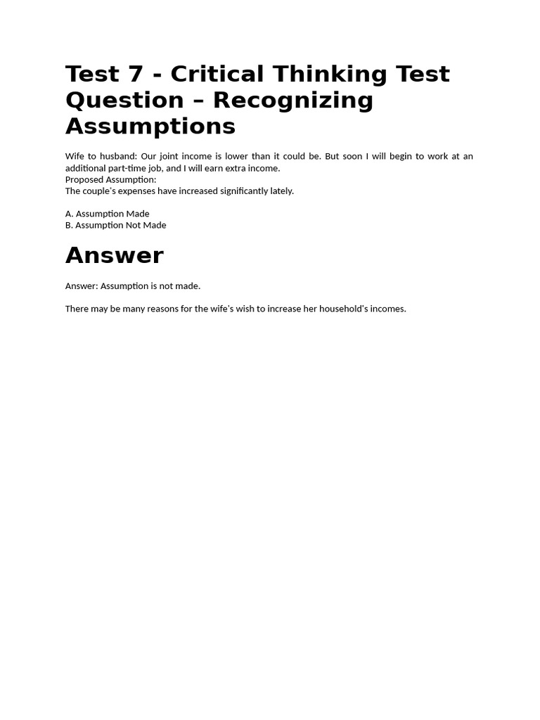Test 7 - Critical Thinking Test - Assumptions | PDF
