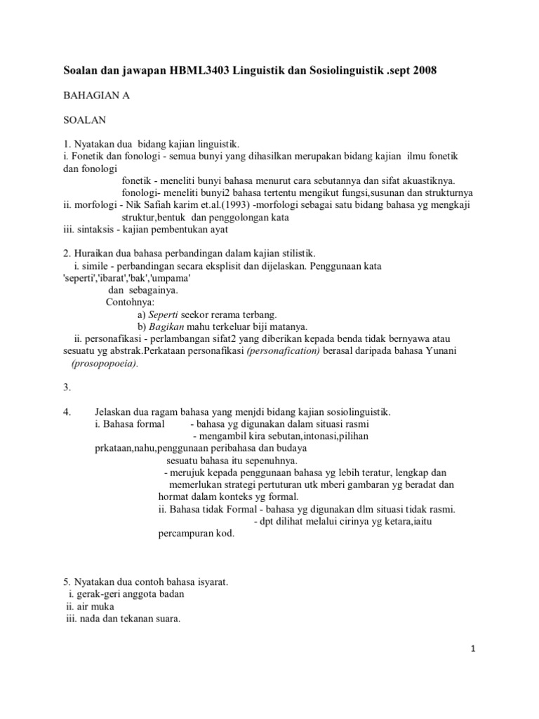 Soalan Dan Jawapan HBML3403 Linguistik Dan Sosiolinguistik