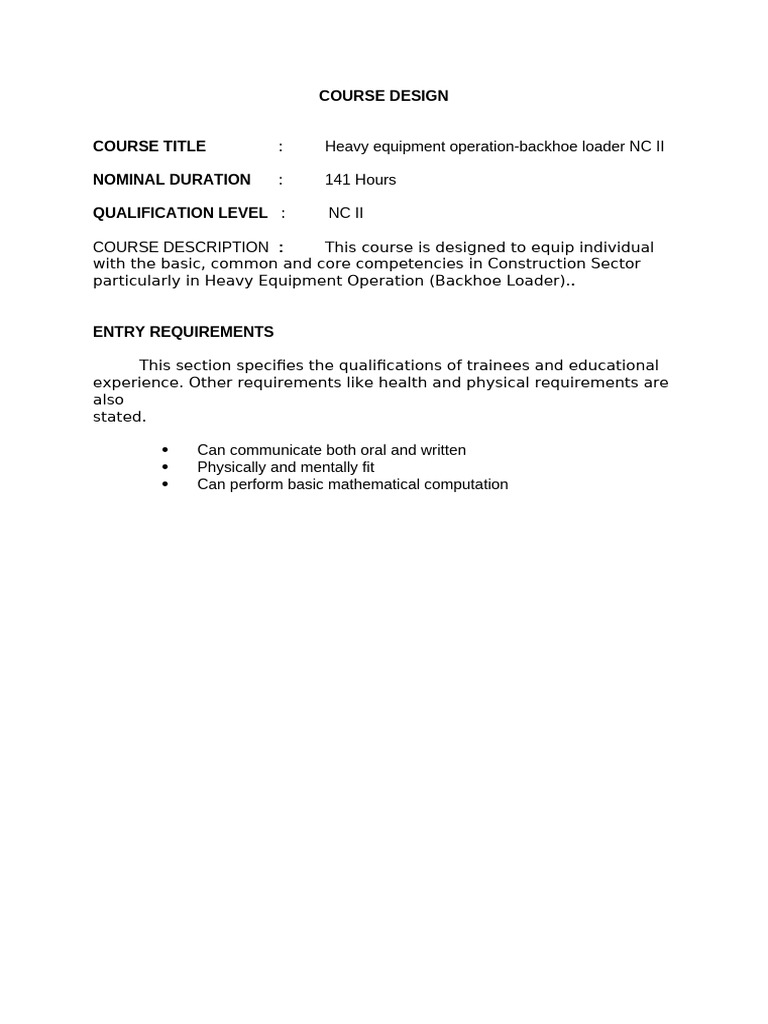 Backhoe Loader Operation NC II Course | PDF | Methodology | Computers