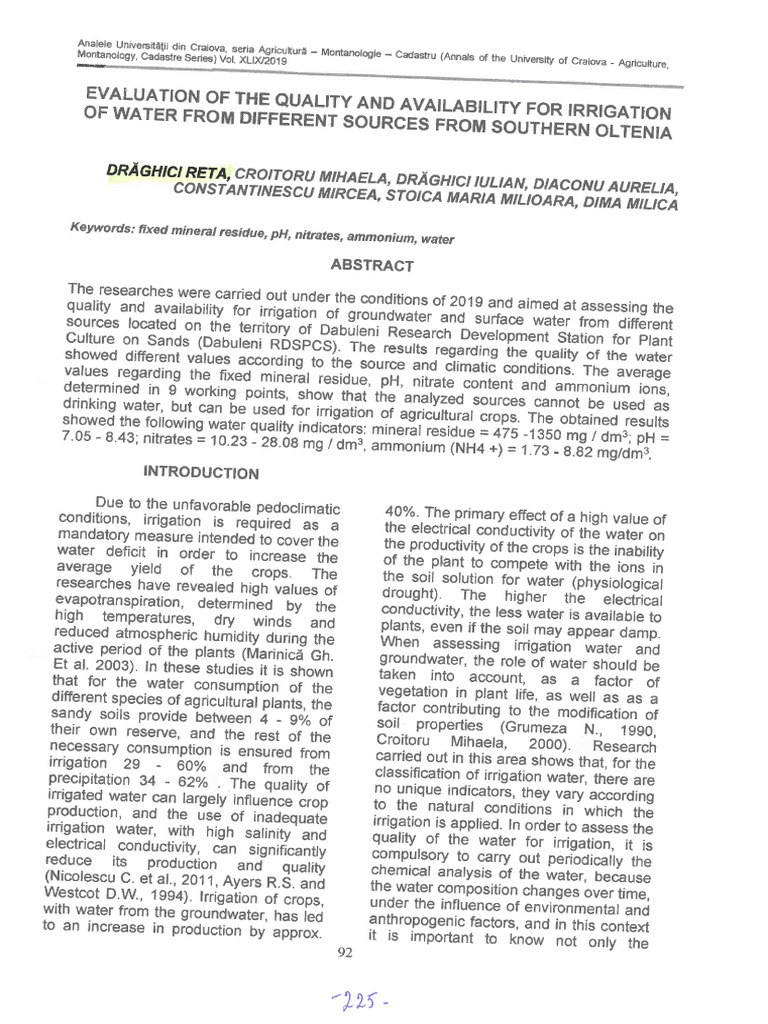 Evaluation of The Quality and Availability For Irrigation of Water From ...