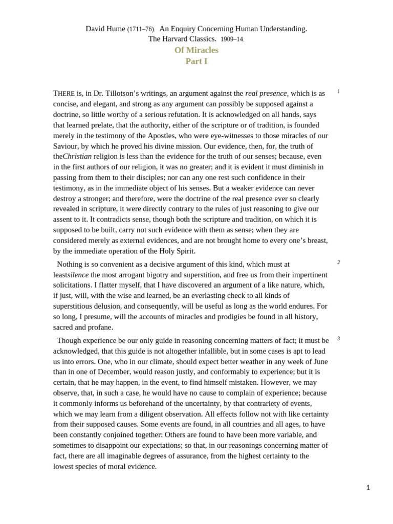 David Hume text on the nature of miracles