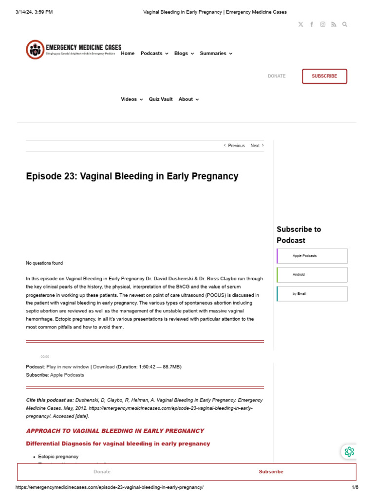 Vaginal Bleeding in Early Pregnancy - Emergency Medicine Cases | PDF