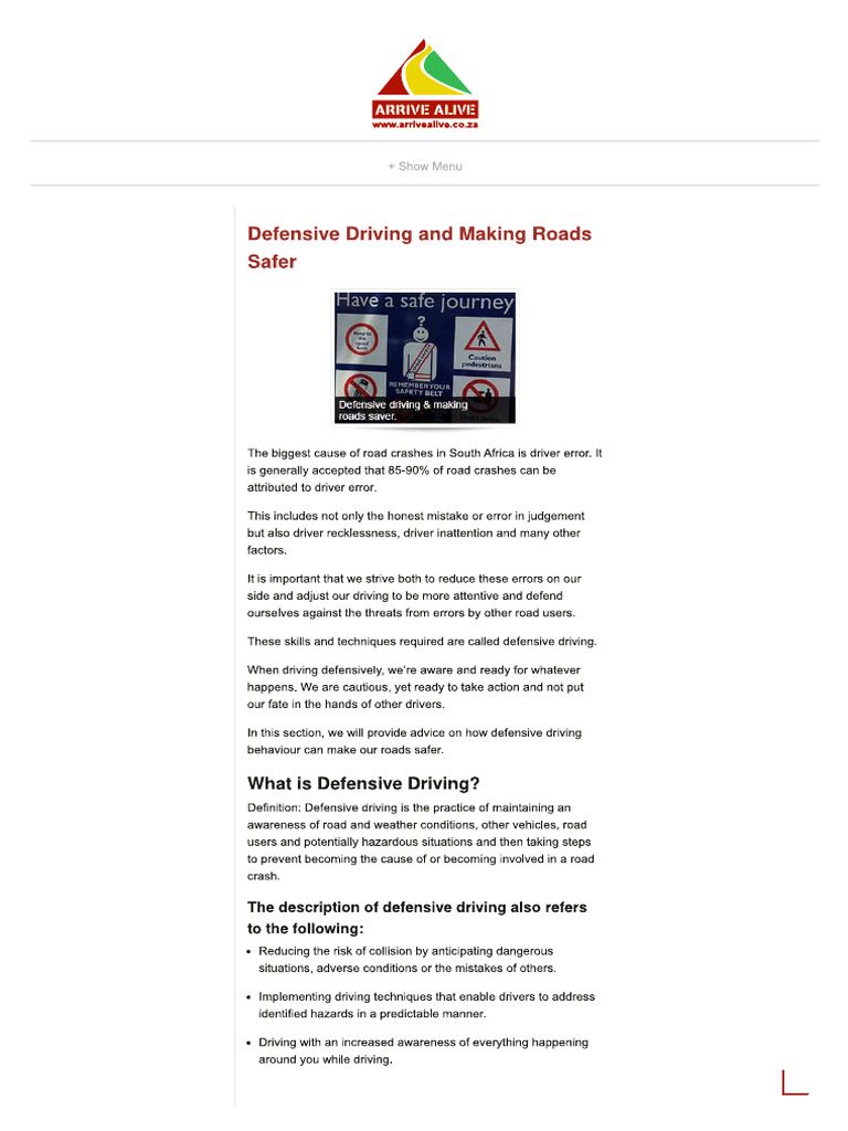 Defensive Driving and Making Roads Safer - Arrive Alive | PDF