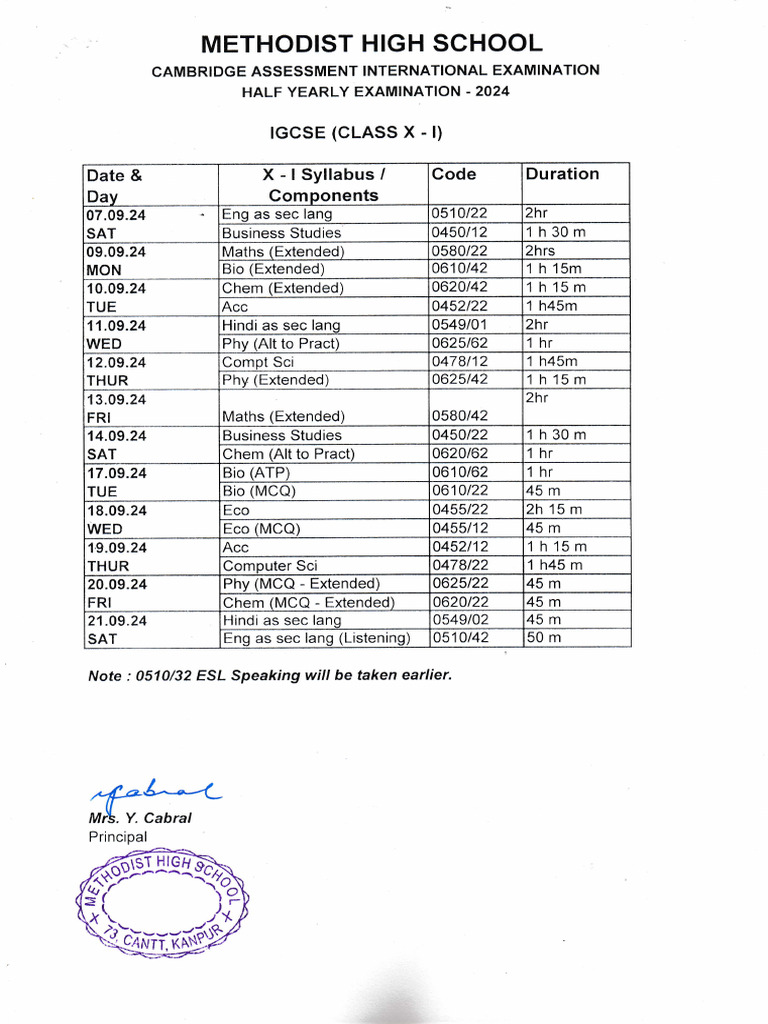 Methodist High School 2024 Exam Schedule | PDF