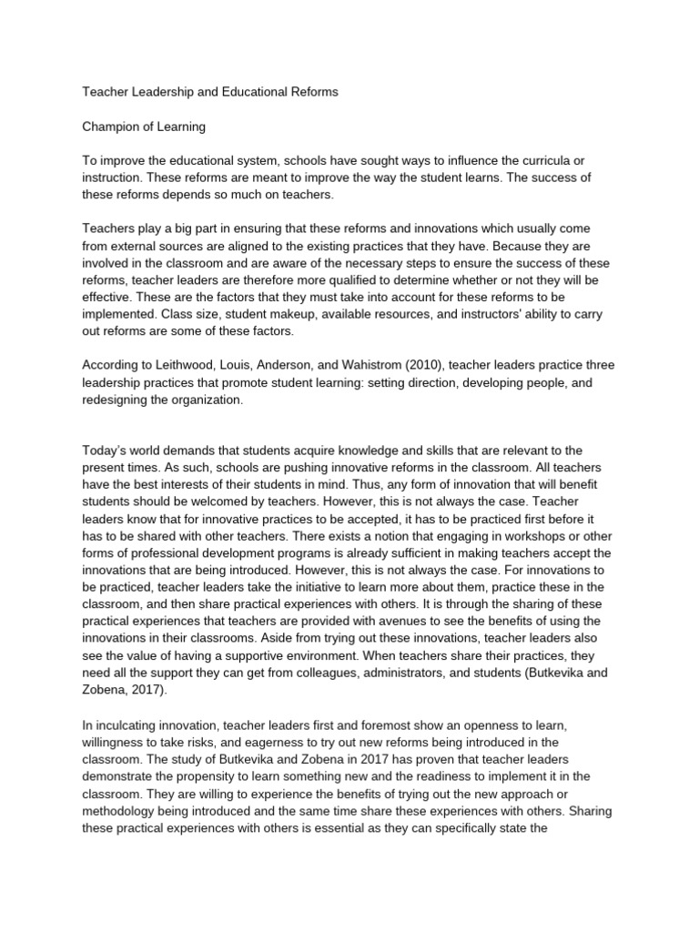 Teachers Leadership and Educational Reforms | PDF