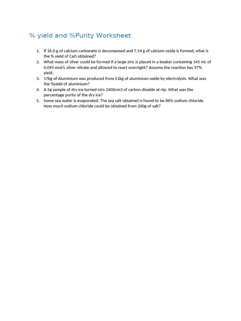 Yield and Purity Worksheet | PDF