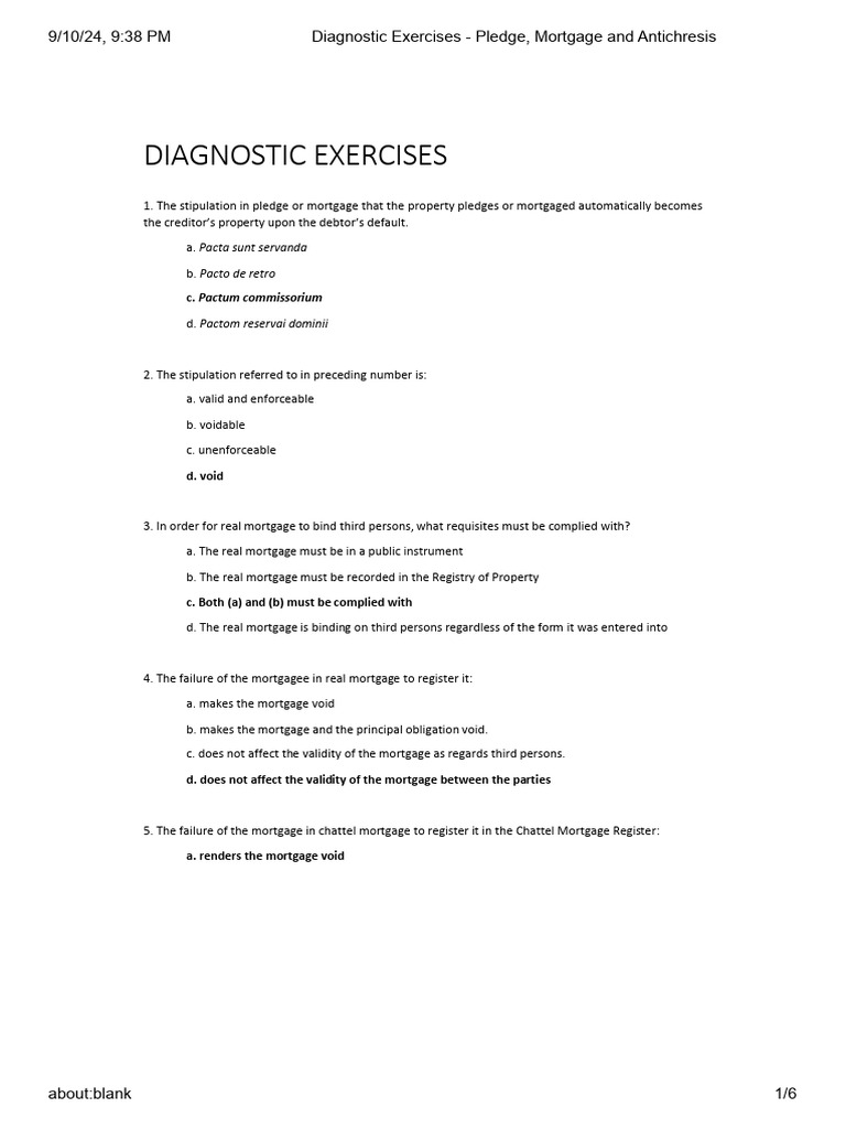 Diagnostic Exercises Pledge Mortgage and Antichresis | PDF