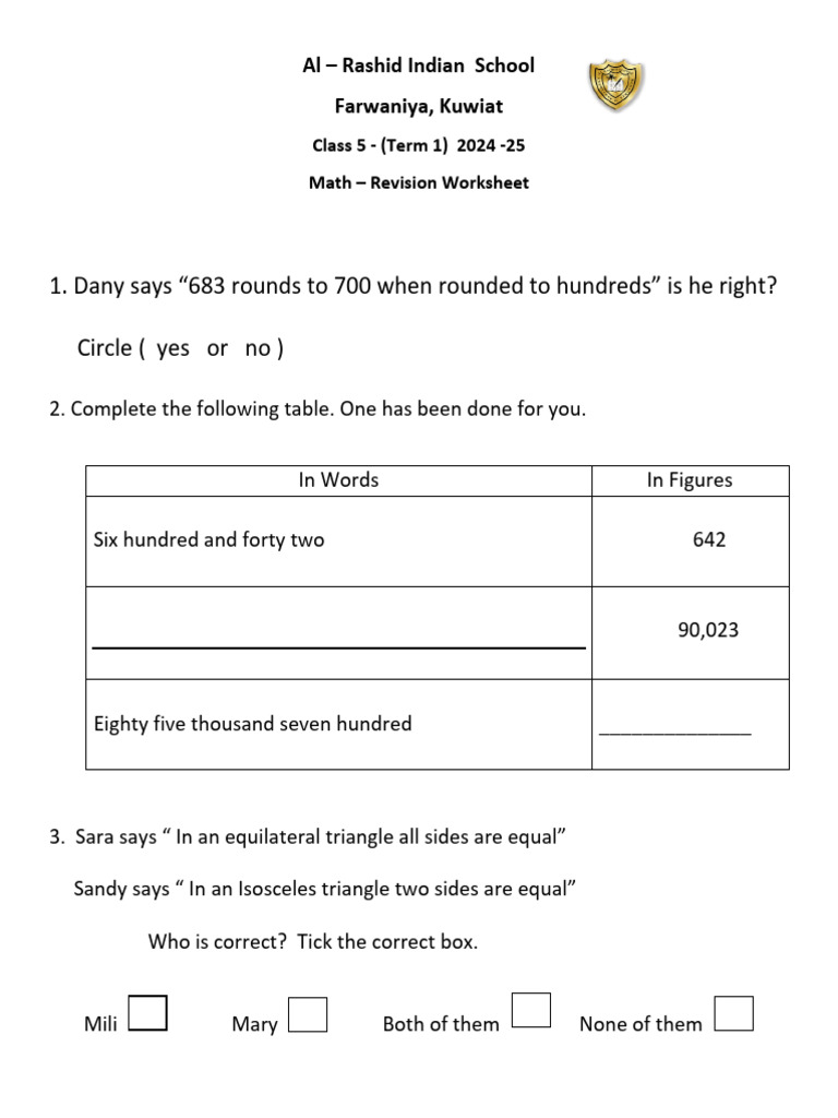 Grade - 5 Math-Revision Worksheet-Term 1 (24-25) | PDF