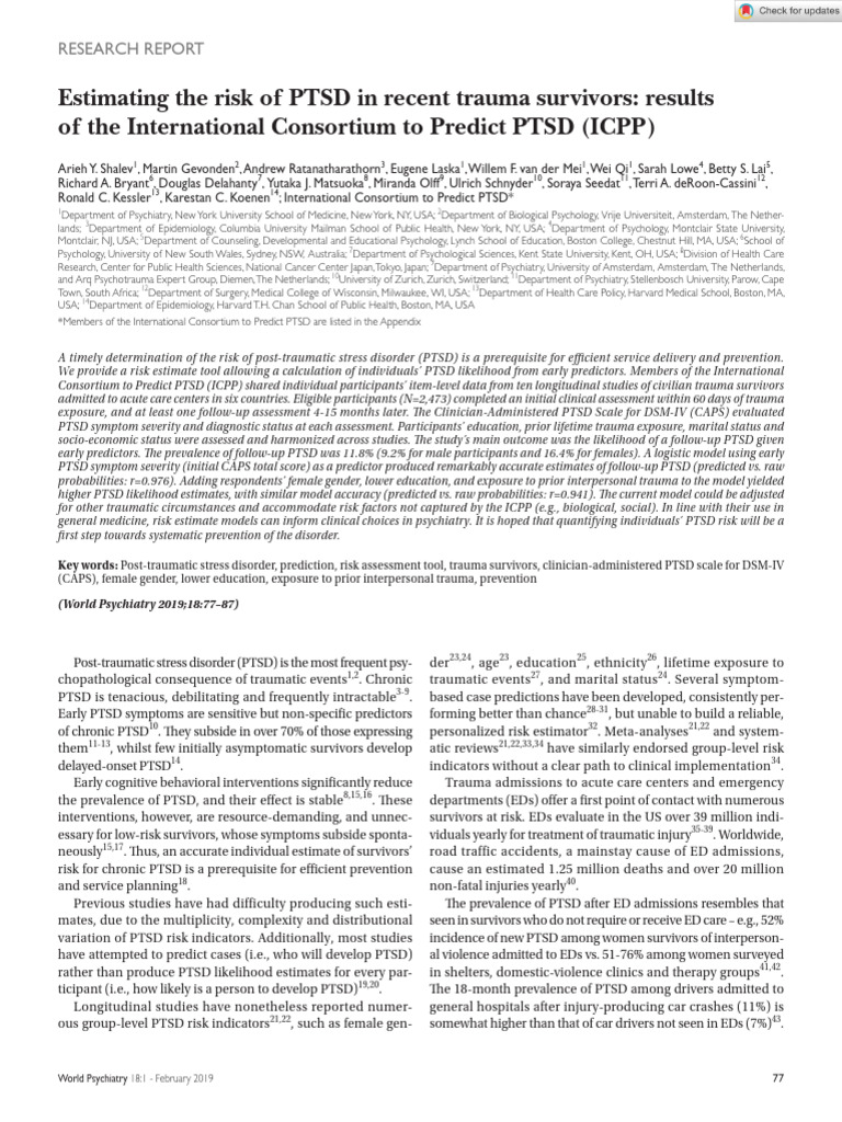 World Psychiatry - 2019 - Shalev - Estimating The Risk of PTSD in ...