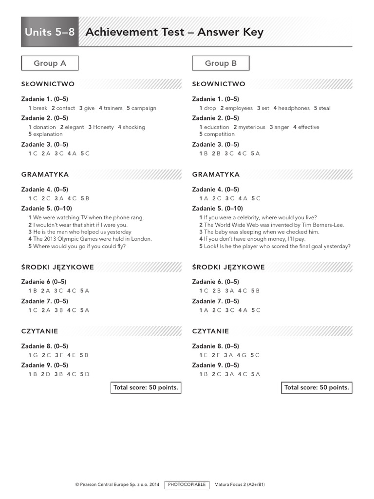 Achievement Test Units 5-8 - Answer Key | PDF